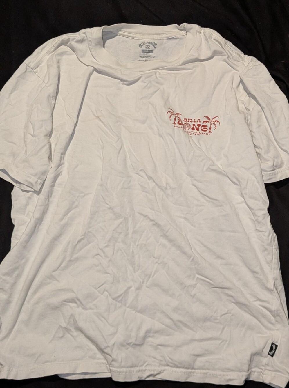 Billabong White Tee with Small Red Logo Palm Graphic